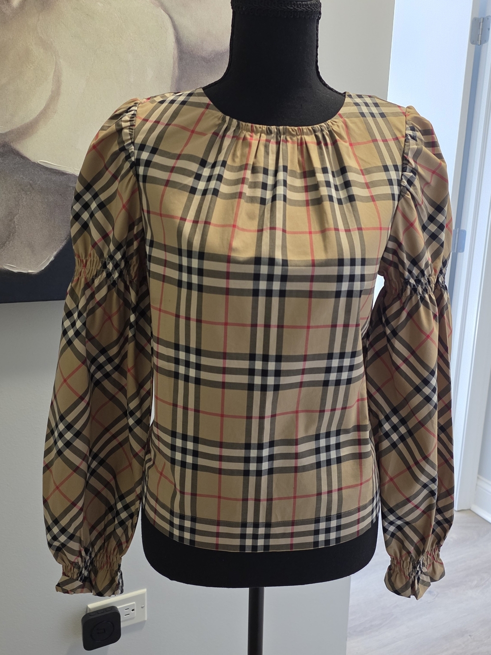 Burberry Beige Plaid Puff-Sleeve Blouse